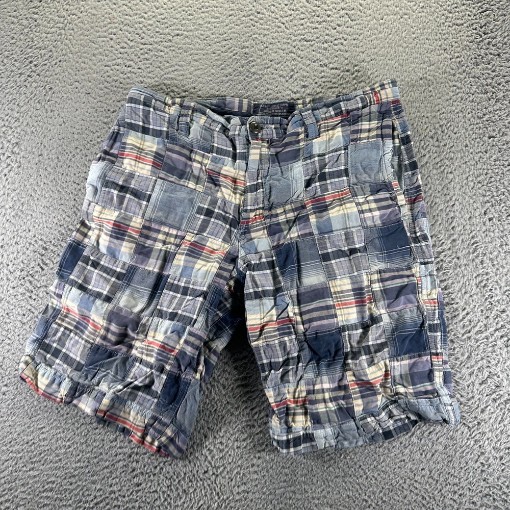 Vintage Old Navy Surplus Shorts Mens 34 Blue Cotton Plaid Madras Patchwork Beach